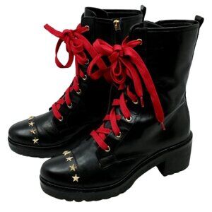 MICHAEL KORS~Cody~Zip Front Lace Up Gold Star Ankle Moto Boots Black Leather~8M